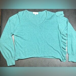 Anthropologie John + Jenn Size L Wool Ruffle Fine Gauge Knit Teal Sweater